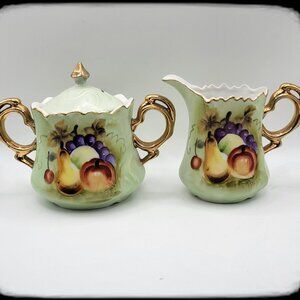 💥 Lefton China Creamer and Sugar Fruit and Gold Trim Hand Painted Japan 6264 💥